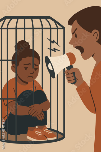 Emotional abuse concept illustration. Child trapped in cage while adult yells with megaphone. Verbal abuse, psychological trauma, toxic parenting, child mental health, family violence metaphor.