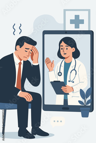 Online mental health consultation with psychologist. Man at virtual therapy session. Telemedicine, telehealth, e-health concept. Patient seeking medical advice from doctor on tablet.