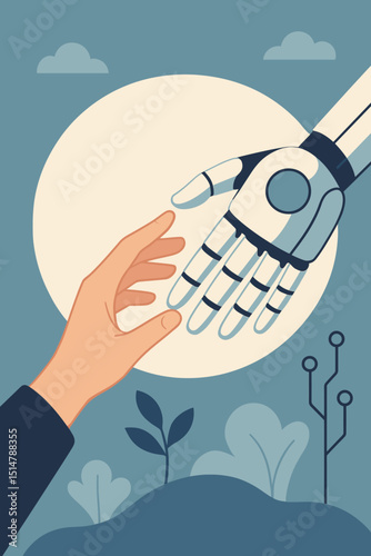 Human and Robot Hand Reaching Connection. AI Technology Touching Humanity Concept. Man and Machine Interaction, Future Artificial Intelligence Partnership, Digital Collaboration, Innovation Metaphor