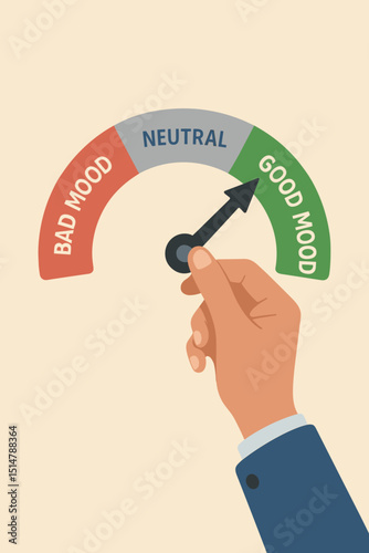 Hand Adjusting Mood Meter Dial from Bad to Good. Emotional Regulation. Mental Health Improvement. Mood Scale Gauge. Positive Mood Choice. Wellbeing Concept. Motivation Psychology Illustration