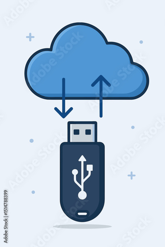 Cloud storage sync and data transfer concept. USB flash drive connected with cloud upload and download arrows. Online backup, data migration, digital storage device, file sharing illustration.