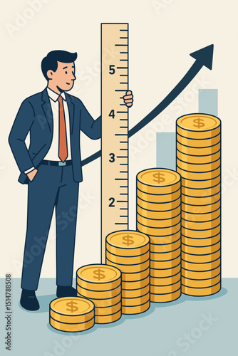Businessman Measuring Financial Success, Stacked Gold Coins Growth, Upward Arrow, Revenue Increase, Economic Progress, Profit Analysis, Wealth Management, Investment Performance Concept