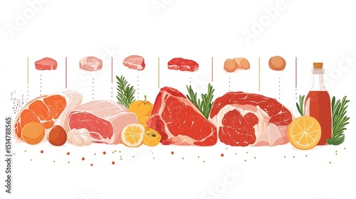 Various cuts of raw meat, with eggs, citrus, and herbs, arranged in a horizontal format