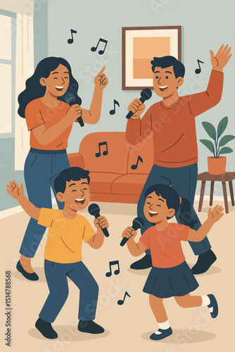Family Karaoke Night Singing Together at Home. Parents and Children Holding Microphones, Dancing and Enjoying Music. Happy Family Entertainment, Home Activity, Musical Fun, Living Room Scene