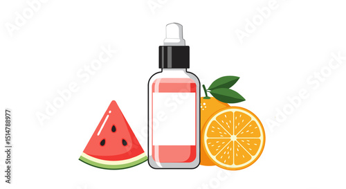 Fruit-infused serum bottle with watermelon and orange slices  