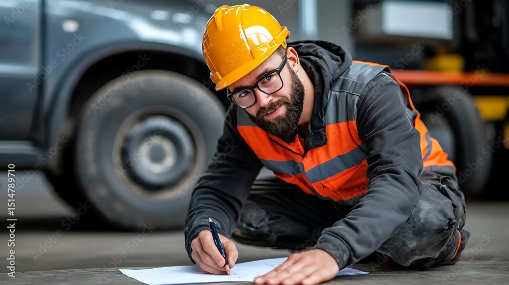 Fototapeta premium Construction Worker Drawing Plans On Site