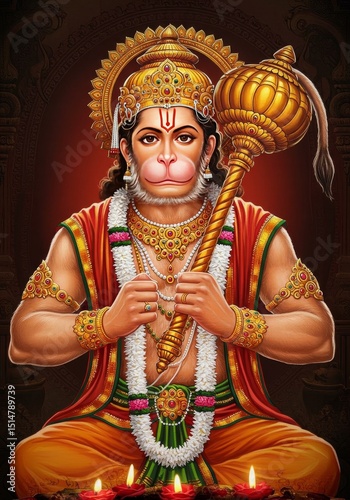 Illustration of Hanuman Hindu God Golden Crown Mace Traditional Art