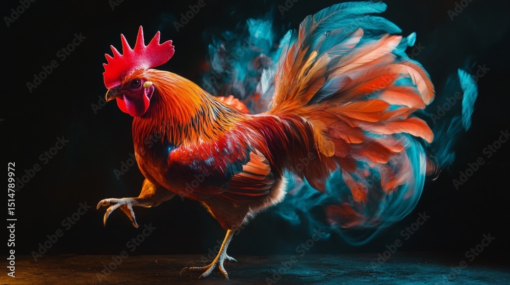 Fototapeta premium A rooster with a red head and orange body is standing on a black background