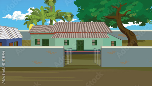 Cartoon Indian Village Vector Background with Traditional House, Front Compound Wall, Trees and Blue Sky – Ideal Rural India Scene for Animation, Storytelling and eLearning Projects

