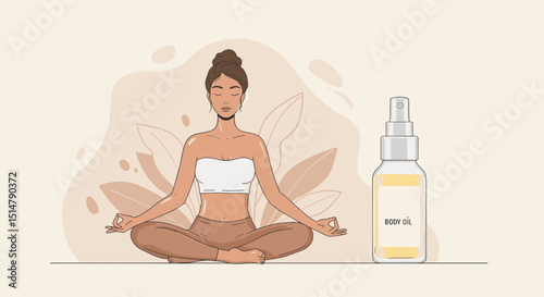 Young woman meditating relaxing, body oil nearby, calm mood, for wellness and skin care advertising