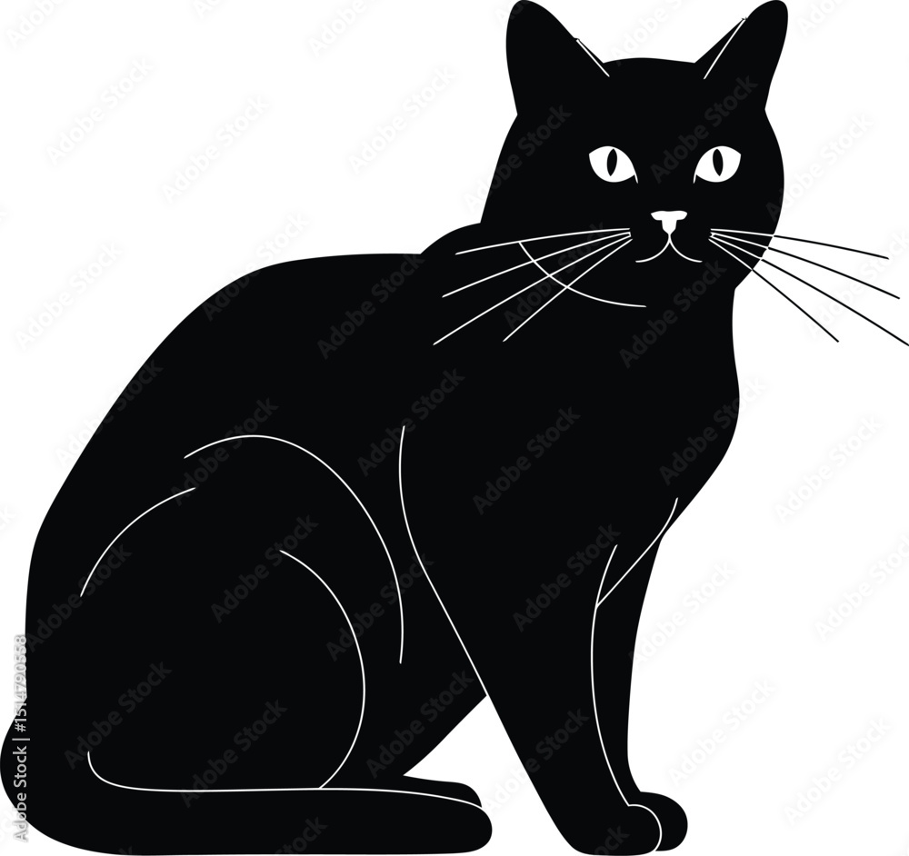 Obraz premium A black cat sitting upright with a sleek silhouette and piercing white eyes on a white background