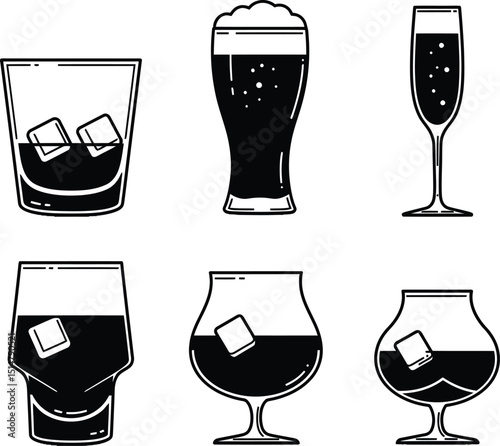 Various types of alcoholic beverages in glasses with ice cubes and beer in a monochrome style