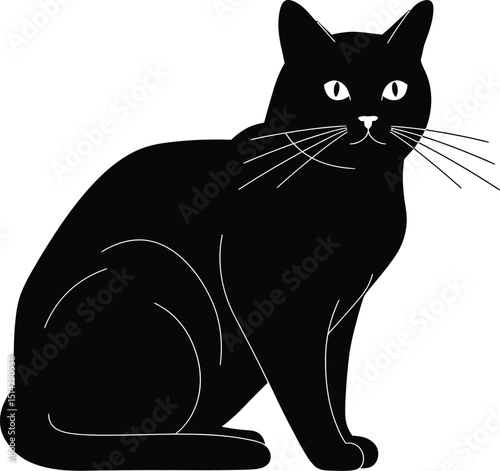 A black cat sitting upright with a sleek silhouette and piercing white eyes on a white background