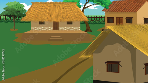 Indian Tribal Village Background Vector with Mud Huts, Thatched Roofs, Trees and Path – Rural Countryside Cartoon Scene for Animation, Storytelling, Culture Projects and Educational Use

