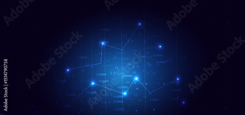 Finance chart stock market growth glowing light effect on dark blue background.