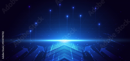 Arrow up glowing blue with lighting effect on dark blue background.