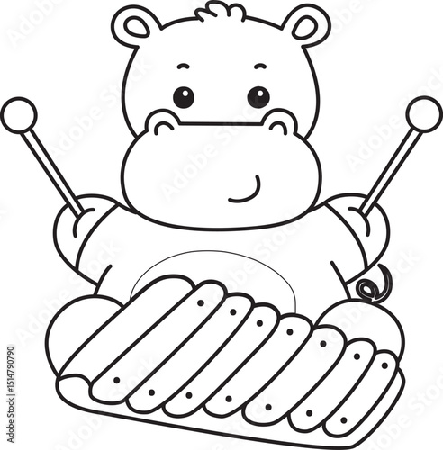 Outline of Cute hippo icon. Coloring page of Funny baby hippo animal series stock illustration. life of fluffy hippo designs.