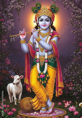 Illustration of Krishna Playing Flute with Cow in Divine Floral Garden