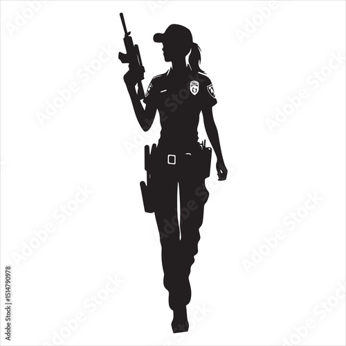 Police Officer in Action Silhouette - Defending Law and Order, black colour vactor 