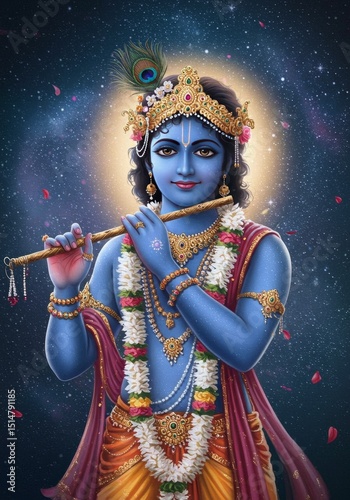 Illustration of Lord Krishna Playing Flute in Galaxy Divine Hindu God