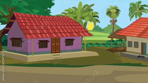Indian Village Background Vector with Colorful Houses, Red Tiled Roofs, Palm Trees, Banana Plant and Mud Path – Cartoon Style Rural Scene for Animation, Storytelling and Educational Use

