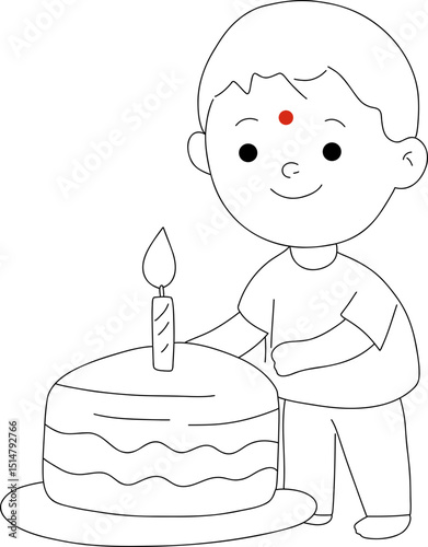 Birthday child receiving a traditional tika blessing on the forehead, with a festive cake nearby, capturing joyful cultural celebration.