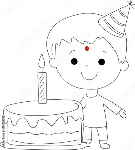 Birthday child receiving a traditional tika blessing on the forehead, with a festive cake nearby, capturing joyful cultural celebration.