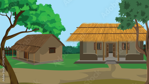Cartoon Indian Village Background Vector with Tribal Mud Huts, Thatched Roofs, Trees and Path – Rural Scene Perfect for Animation, Storytelling, Educational and Farming-Based Projects

