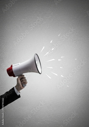 Image of Hand Holding White Megaphone for Loud Announcement or Speaking