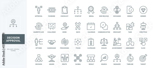 Magnifying glass search for solution and options, focus on achievement and timeline, startup thin black outline symbols vector illustration. Approval of work decisions line icons set.