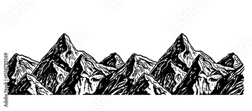 Mountain range sketch. Outline nature drawing, ink sketch rocky peaks panorama. Art graphics beautiful landscape