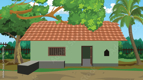 Indian Village Background Vector with Traditional Clay House, Tiled Roof, Open Door, Trees, Palm, and Dirt Path — Cartoon Style Scene for Animation, Explainer Videos and Educational Projects


