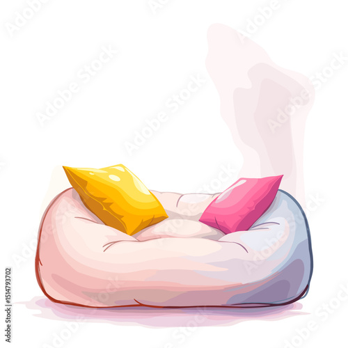 Cozy bean bag chair with colorful pillows against soft white background