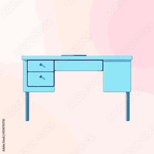Stylish blue desk with drawers on soft pastel background