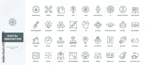 Digital technology, ideas for using AI line icons set. Medical equipment and smart TV, robot and drone of engineer, electric car and web design thin black outline symbols vector illustration.