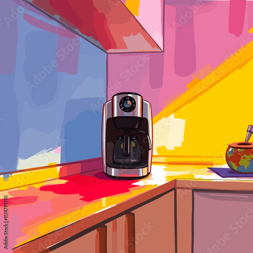 Stylish coffee maker on brightly colored kitchen countertop with vibrant background