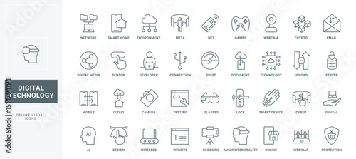 Augmented reality glasses, connection to server and cyber protection of digital data, smart home and device thin black and red outline symbols, vector illustration. AI technology line icons set