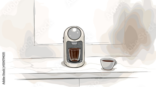 Minimalistic coffee machine with a cup of coffee on countertop in soft tones