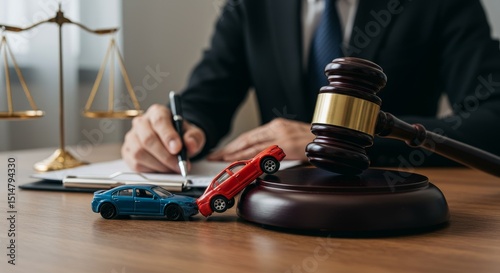 Realistic Image Car Accident Legal Court with Judge Hammer on Desk