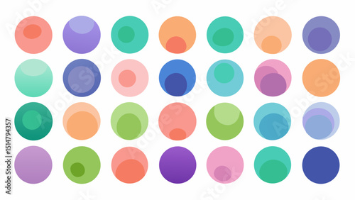 A collection of 30 pastel-colored circles arranged in a grid pattern, each circle featuring a slightly smaller inner circle of a contrasting shade creating a visually appealing color palette.