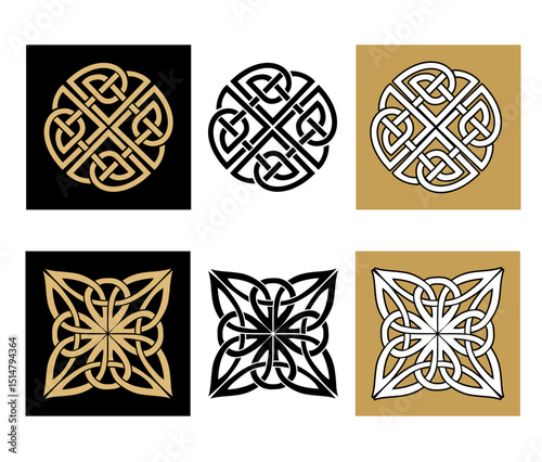 Medieval Celtic knot tattoo set. Celtic, Irish knots ornament. Celtic symbols, endless knot shape vector icon, infinite spirit unity symbol, pagan circle tribal symbols graphics isolated