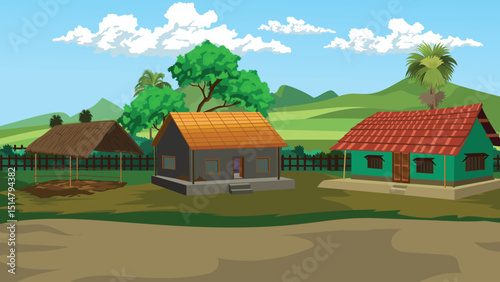 Cartoon Indian Village Background Vector with Traditional Tiled Roof Houses, Trees, Hay Shed, and Mountains – Rural Scene Perfect for Animation, eLearning, Story-Based and Educational Projects

