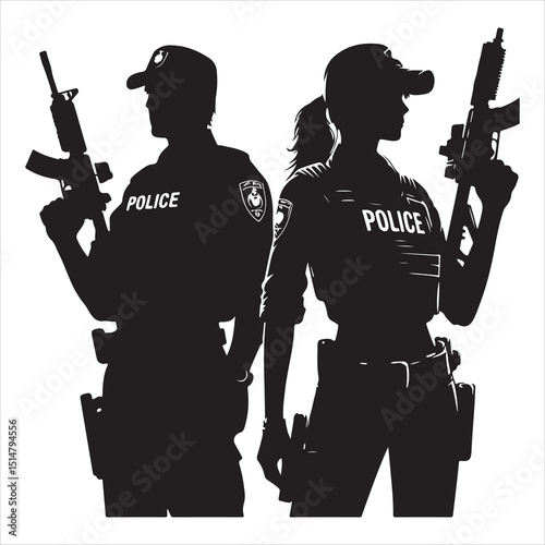 Police Officer in Action Silhouette - Defending Law and Order, black colour vactor