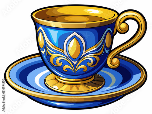 vector of Beautiful blue and gold tea cup with saucer, sophisticated and classic design, isolated on transparent background...