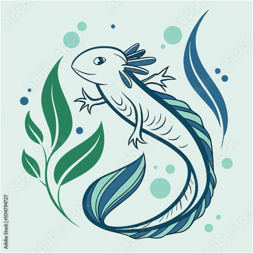 Axolotl Illustration: Aquatic Salamander with Greenery
