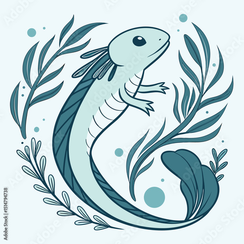 Axolotl Illustration with Botanical Elements