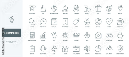 Outline symbols of shop advertising, online purchases on sales in marketplace and web store, payment and delivery, customers review. Ecommerce thin black and red line icons set vector illustration