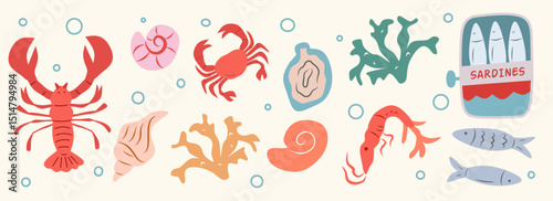 Summer seafood doodle style illustration set. Vector flat hand drawn Italian coast sea and beach print elements. Coastal icon collection for beach party invitation, picnic, wedding and save the date. photo