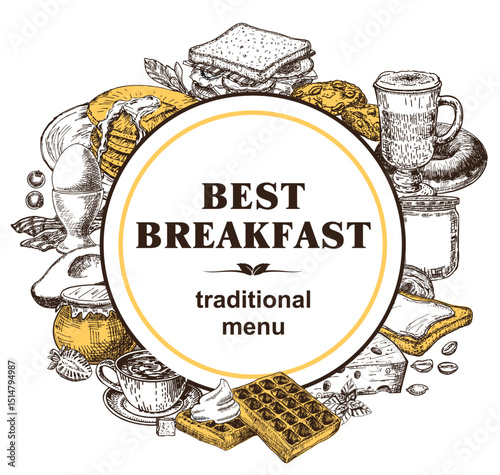 Hand drawn breakfast illustration. Morning food menu design. Breakfast and brunches dishes collection. Vintage hand drawn sketch
