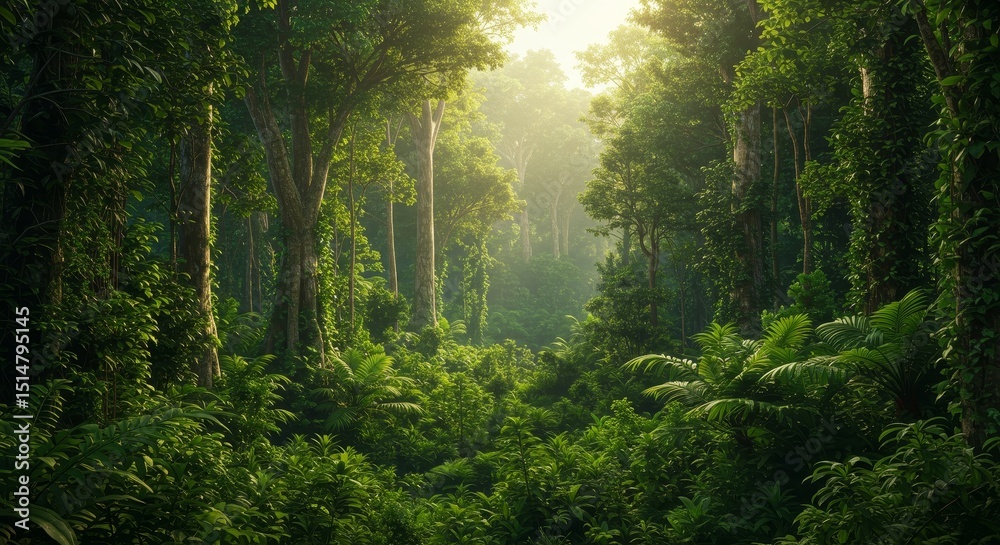 Obraz premium Lush Green Forest Scene with Sunlight Filtering Through Trees Photo